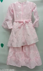 Georgette A-line Kurta Palazzos, cute ethnic girls' fashion in Zari woven pattern, Indian origin" (106 characters)